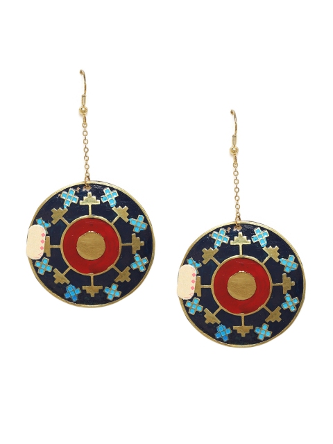 

Chumbak Navy Blue & Gold-Toned Circular Drop Earrings