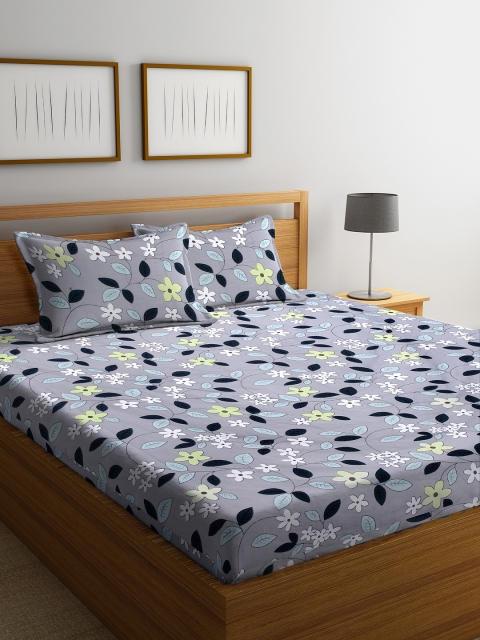 

DREAM WEAVERZ Grey & Black Floral Queen Bedsheet with 2 Pillow Covers