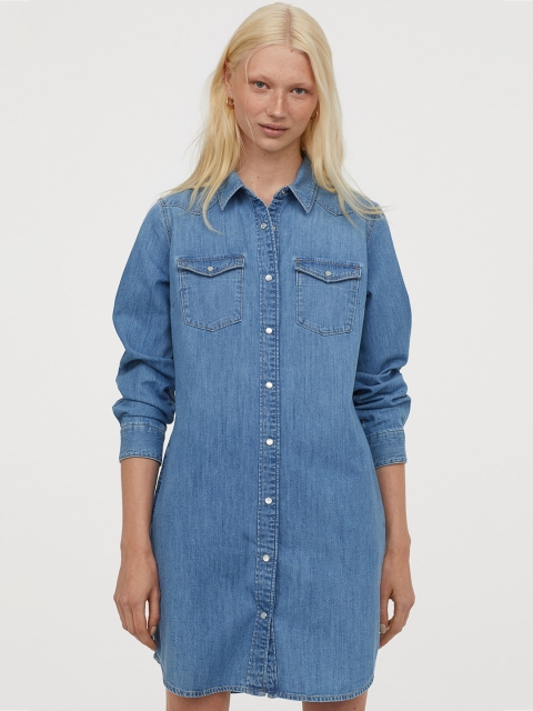 

H&M Women Blue Solid Denim Shirt Dress