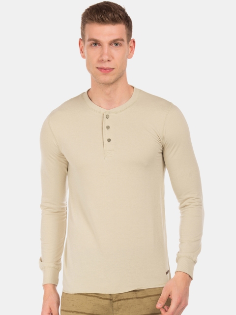 

Cherokee Men Beige Solid Henley Neck T-shirt