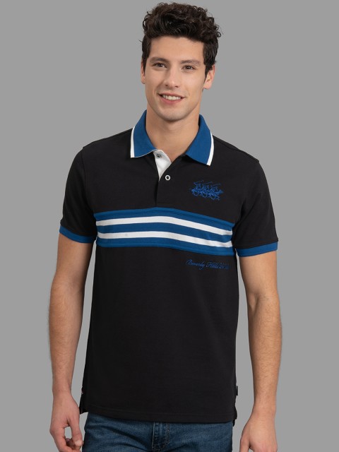 

Beverly Hills Polo Club Men Black & Blue Striped Polo Collar T-shirt