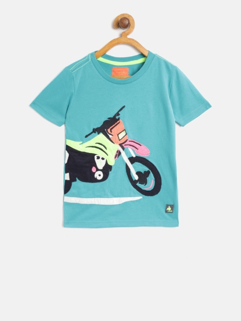 Cherry Crumble Kids Blue Solid Round Neck Applique T-shirt