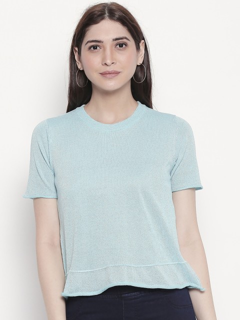 

Manola Women Blue Solid Boxy Knitted Top