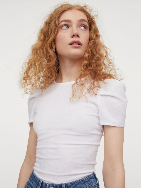 

H&M Women White Puff-Sleeved Top