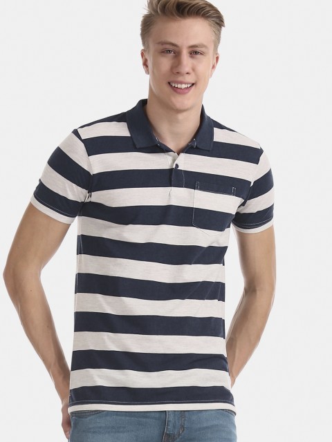 

Ruggers Men Blue & White Striped Polo Collar T-shirt