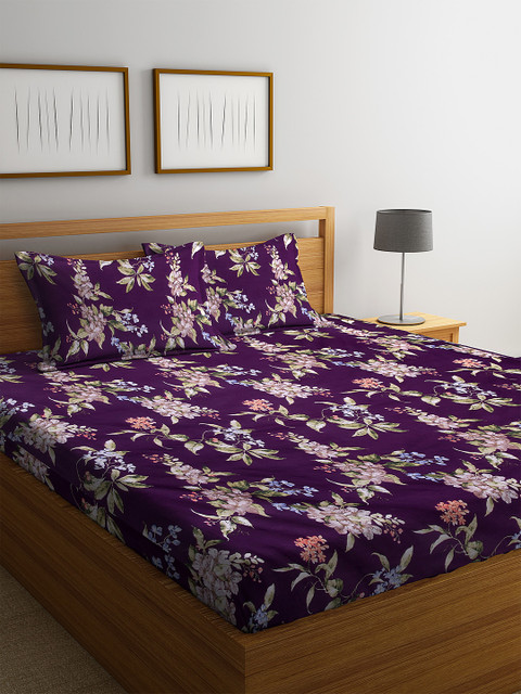 

DREAM WEAVERZ Purple & Black Floral 250 TC Cotton 1 King Bedsheet with 2 Pillow Covers