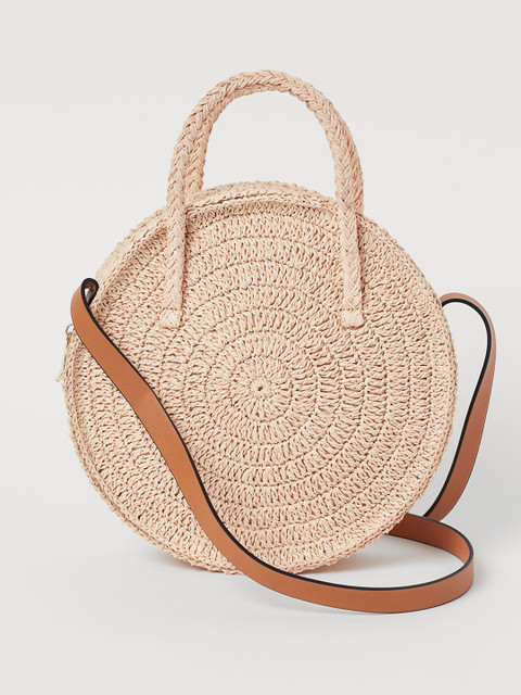 

H&M Women Beige Self Design Round Straw Bag