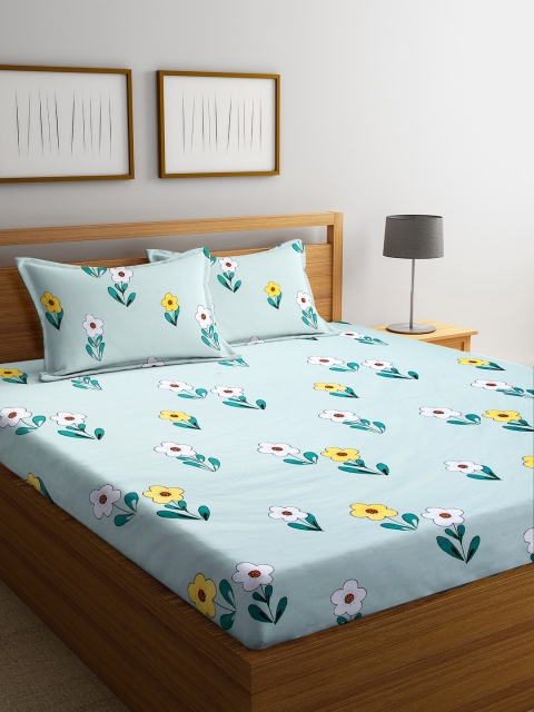 

DREAM WEAVERZ Sea Green Floral 250 TC Cotton 1 Queen Bedsheet with 2 Pillow Covers