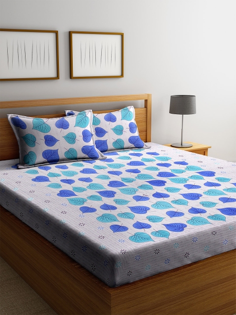 

DREAM WEAVERZ Blue Floral 300 TC Cotton 1 Queen Bedsheet with 2 Pillow Covers