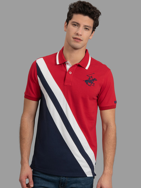

Beverly Hills Polo Club Men Red & Navy Blue Colourblocked Polo Collar T-shirt