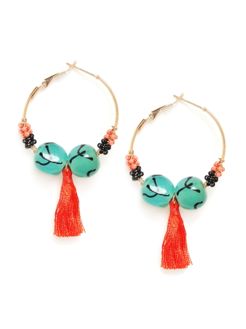 

Chumbak Turquoise Blue & Orange Circular Hoop Earrings With Tassels, Teal