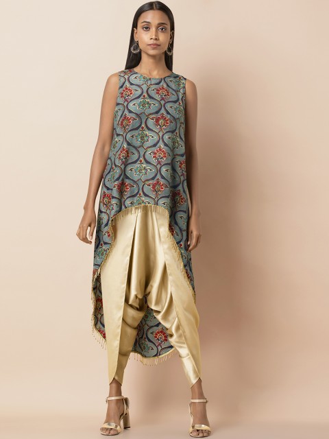 

INDYA Teal Fringed High Low Tunic, Blue