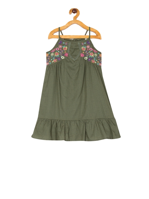 

The Childrens Place Girls Olive Green Embroidered A-Line Dress