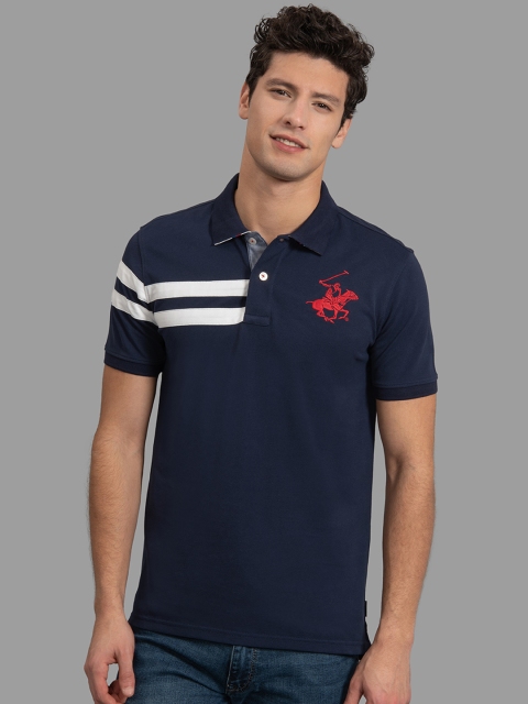 

Beverly Hills Polo Club Men Navy Blue Striped Polo Collar T-shirt