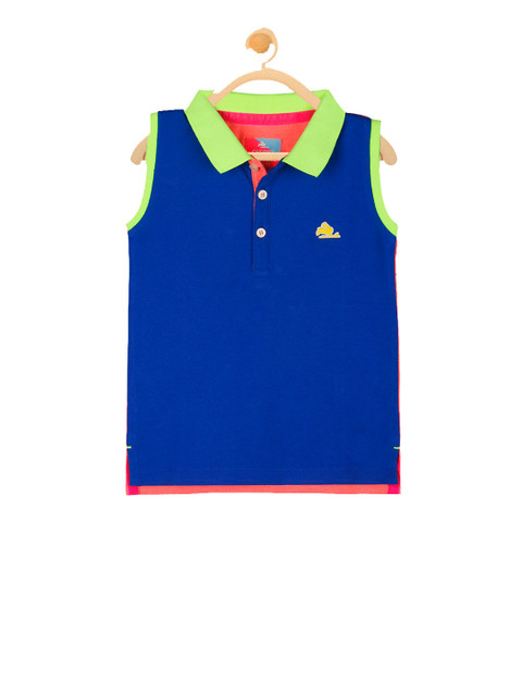

Cherry Crumble Girls Blue & Coral Orange Colourblocked Polo Collar T-shirt