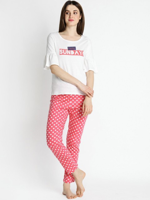 

Dreamz by Pantaloons Women White & Pink Printed Night suit