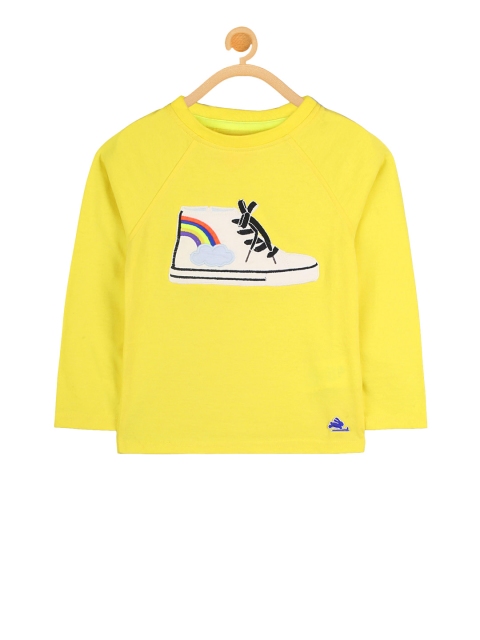 

Cherry Crumble Unisex Kids Yellow Self Design Round Neck Appliqued T-shirt