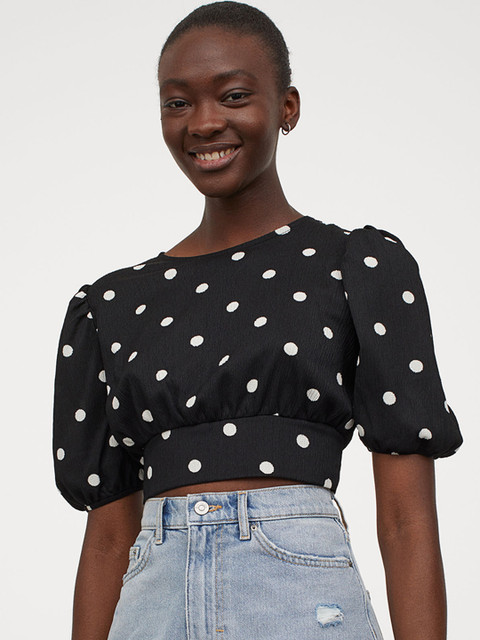 

H&M Women Black & White Balloon-Sleeved Top