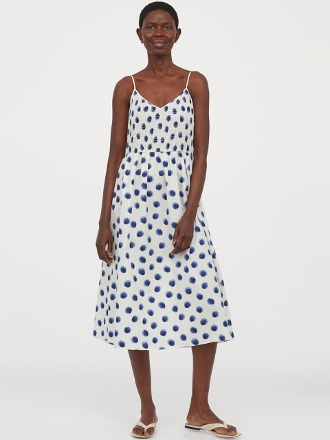 

H&M Women White & Blue Printed Smocked Cotton Dress