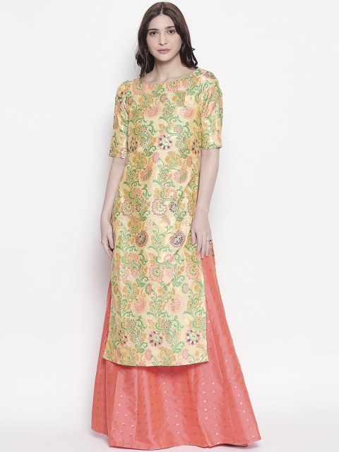 

Desi Weavess Women Yellow Floral Brocade Kurta