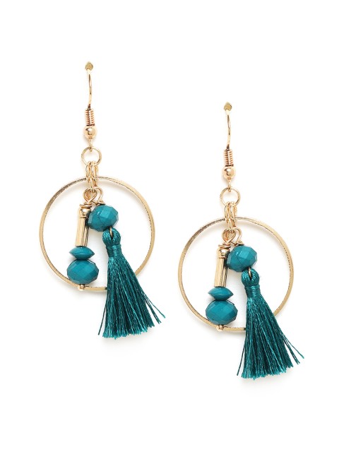 

Chumbak Teal & Gold Circular Tasseled Drop Earrings