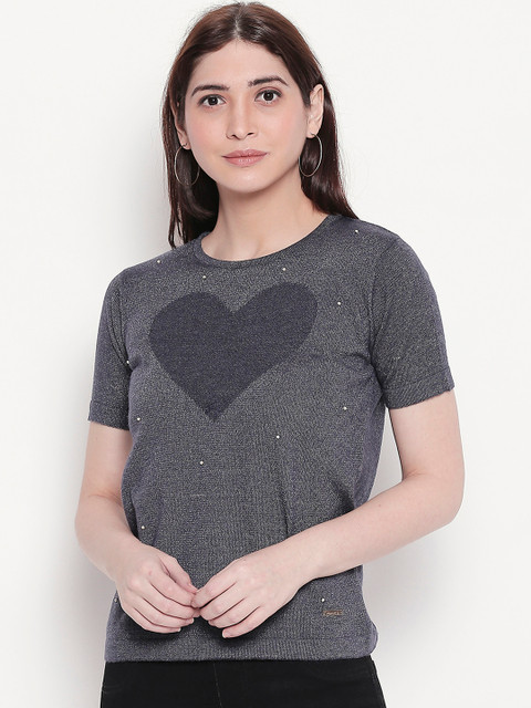 

Manola Women Navy Blue Embellished Boxy Knitted Top