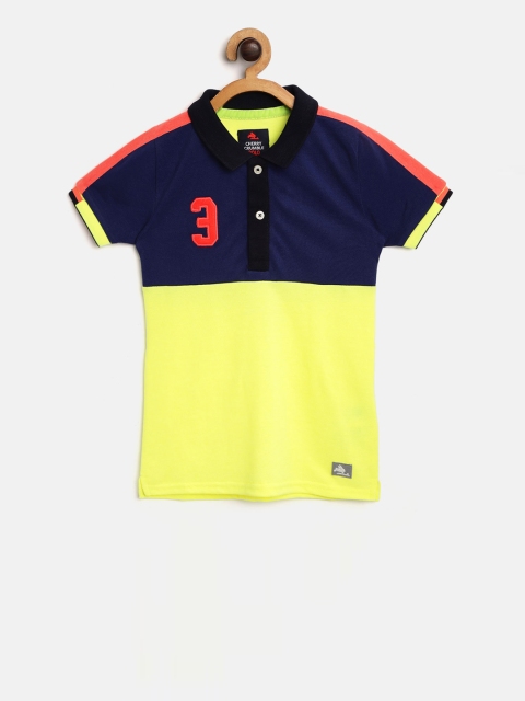 

Cherry Crumble Boys Blue & Flourescent Green Colourblocked Polo Collar T-shirt