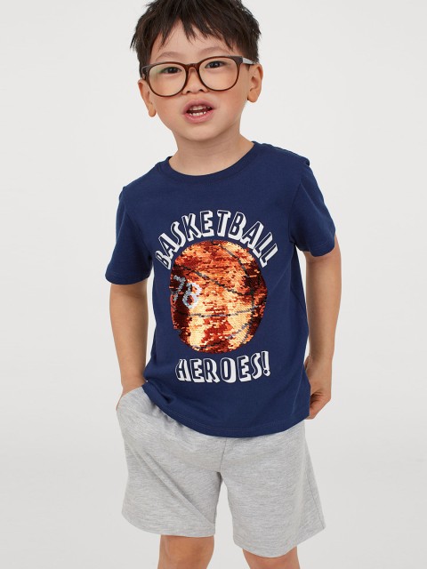 

H&M Boys Navy Blue Printed Flip Sequinned Round Neck T-shirt