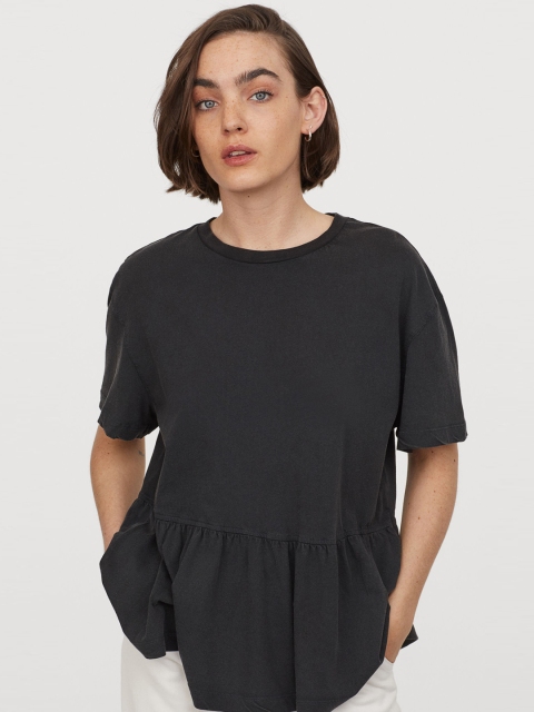 

H&M Women Charcoal Grey Cotton T-Shirt