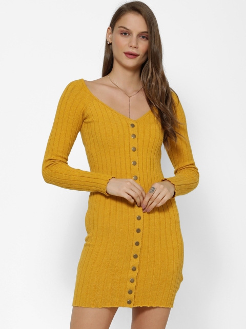 

FOREVER 21 Women Mustard Yellow Solid Sweater Dress