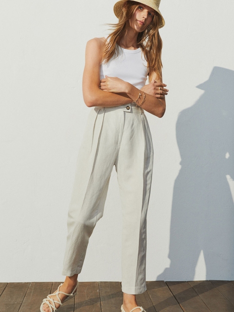 

H&M Women Beige Linen-Blend Trousers