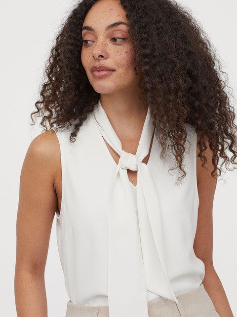 

H&M Women White Solid Tie-Detail Top