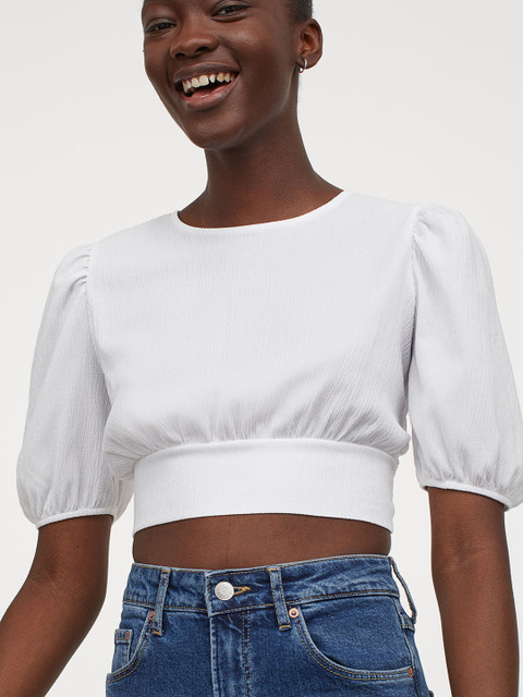 

H&M Women White Solid Balloon-Sleeved Top
