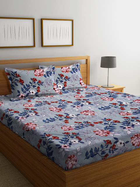 

DREAM WEAVERZ Blue & Green Floral 250 TC Cotton 1 King Bedsheet with 2 Pillow Covers