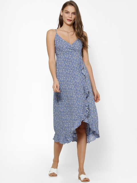 

FOREVER 21 Women Blue & White Floral Printed Wrap Dress