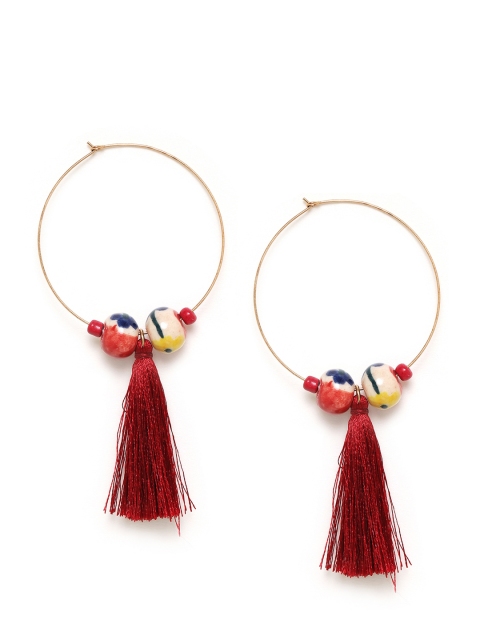 

Chumbak Maroon & Gold Circular Hoop Earrings With Tassels