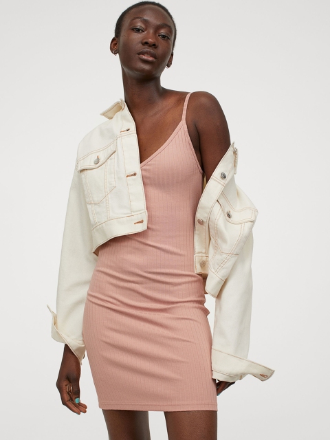 

H&M Women Pink Solid Ribbed Dress