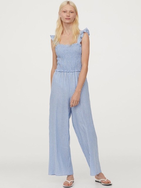 

H&M Women Blue & White Striped Smocked Jumpsuit