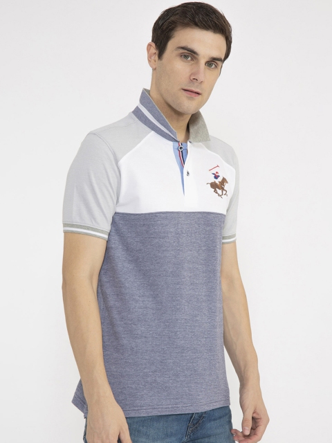 

Beverly Hills Polo Club Men Blue & White Colourblocked Polo Collar T-shirt