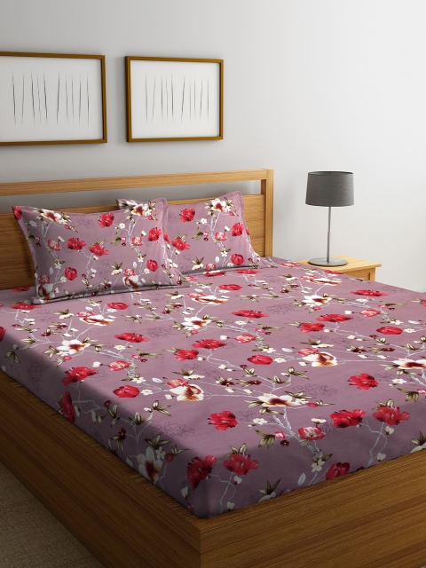 

DREAM WEAVERZ Purple & Red Floral 250 TC Cotton 1 King Bedsheet with 2 Pillow Covers