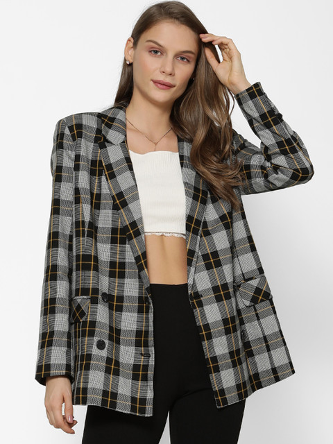 

FOREVER 21 Women Grey & Black Checked Tailored Jacket