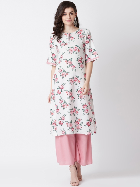 

Tissu Women White & Pink Floral Print Kurta with Palazzos