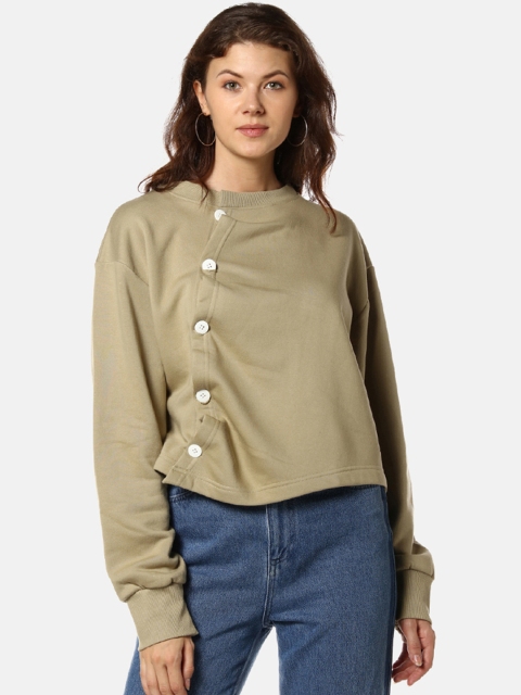 

Campus Sutra Women Olive Green Solid Front Side Button Sweatshirt