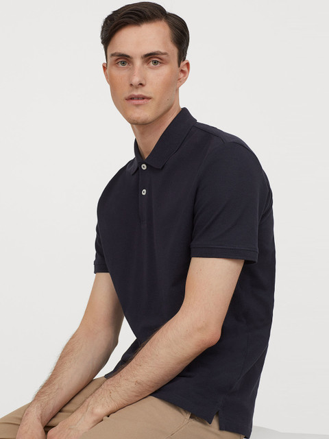 

H&M Men Navy Blue Solid Cotton Polo Shirt
