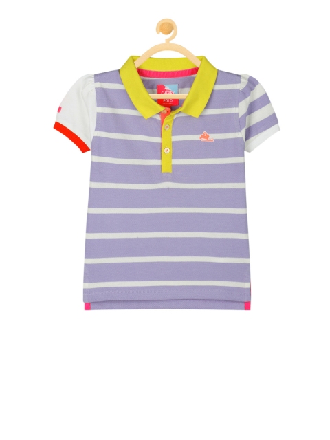 

Cherry Crumble Girls Purple & White Striped Polo Collar T-shirt