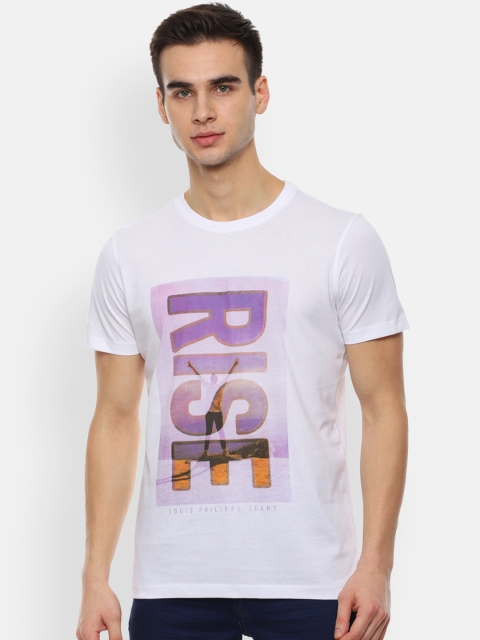 

Louis Philippe Jeans Men White Printed Round Neck Pure Cotton T-shirt