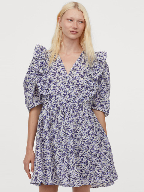 

H&M Women Navy Bloe & White Floral Print Puff-sleeved Dress, Navy blue