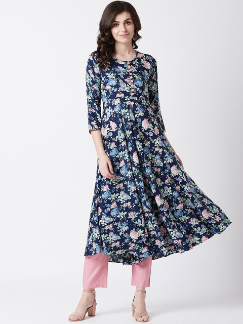 

Tissu Women Navy Blue Printed A-Line Kurta