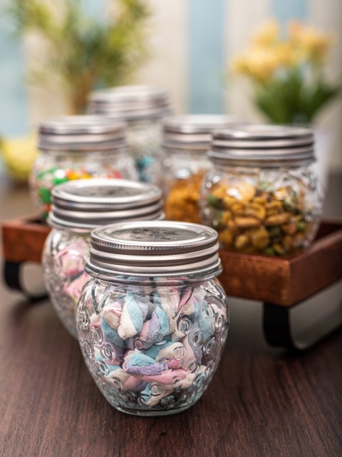 

White Gold Set Of 6 Transparent Textured Glass Storage Jars With Silver-Toned Lids