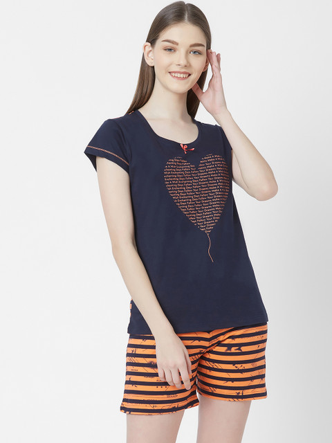 

Juliet Women Navy Blue & Yellow Printed Night suit